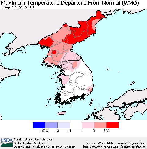 Korea Mean Maximum Temperature Departure from Normal (WMO) Thematic Map For 9/17/2018 - 9/23/2018