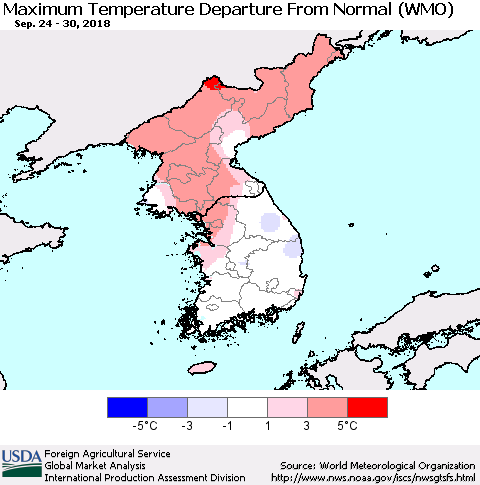 Korea Mean Maximum Temperature Departure from Normal (WMO) Thematic Map For 9/24/2018 - 9/30/2018