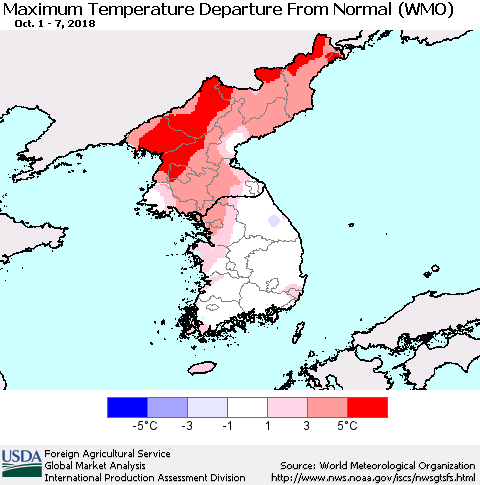 Korea Mean Maximum Temperature Departure from Normal (WMO) Thematic Map For 10/1/2018 - 10/7/2018