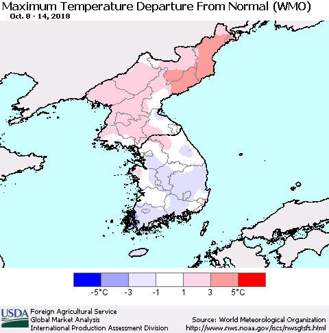 Korea Mean Maximum Temperature Departure from Normal (WMO) Thematic Map For 10/8/2018 - 10/14/2018