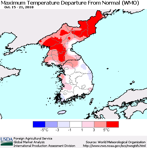 Korea Mean Maximum Temperature Departure from Normal (WMO) Thematic Map For 10/15/2018 - 10/21/2018