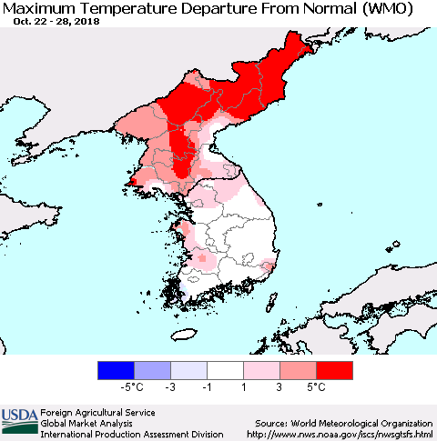 Korea Mean Maximum Temperature Departure from Normal (WMO) Thematic Map For 10/22/2018 - 10/28/2018