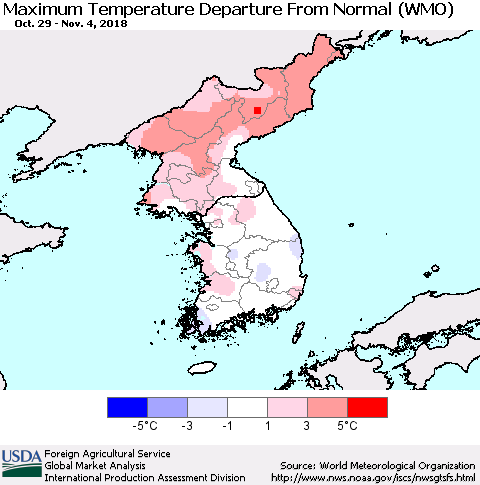 Korea Mean Maximum Temperature Departure from Normal (WMO) Thematic Map For 10/29/2018 - 11/4/2018
