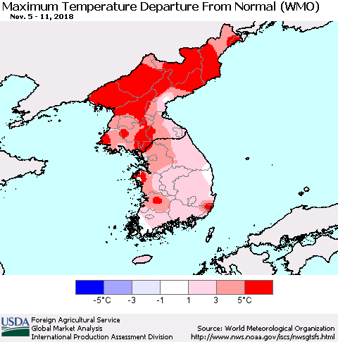 Korea Mean Maximum Temperature Departure from Normal (WMO) Thematic Map For 11/5/2018 - 11/11/2018