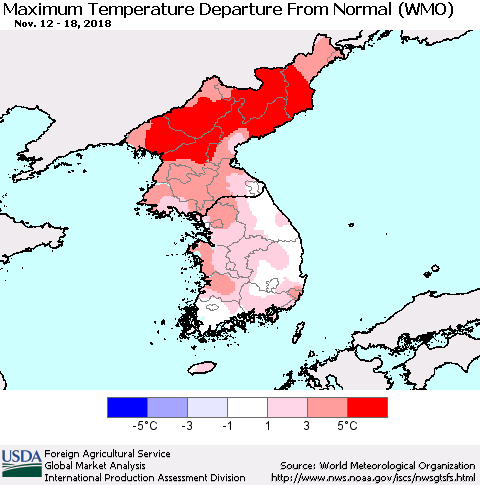 Korea Mean Maximum Temperature Departure from Normal (WMO) Thematic Map For 11/12/2018 - 11/18/2018