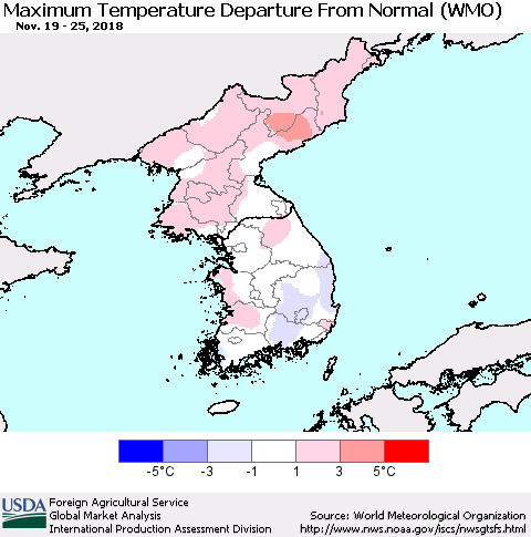 Korea Mean Maximum Temperature Departure from Normal (WMO) Thematic Map For 11/19/2018 - 11/25/2018