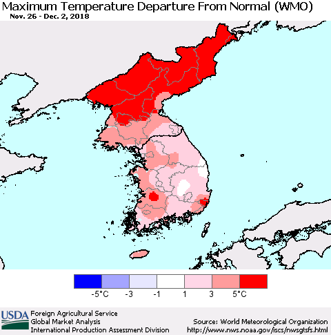 Korea Mean Maximum Temperature Departure from Normal (WMO) Thematic Map For 11/26/2018 - 12/2/2018