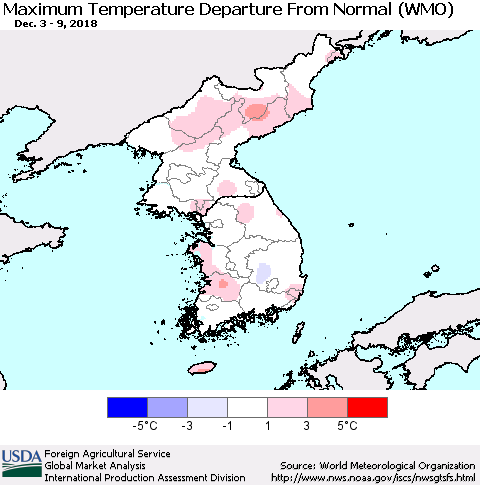 Korea Mean Maximum Temperature Departure from Normal (WMO) Thematic Map For 12/3/2018 - 12/9/2018