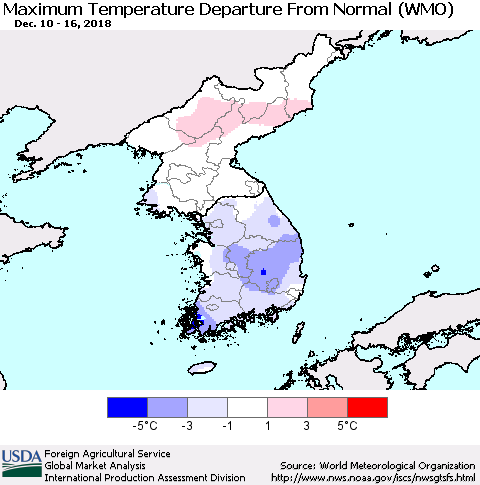Korea Mean Maximum Temperature Departure from Normal (WMO) Thematic Map For 12/10/2018 - 12/16/2018