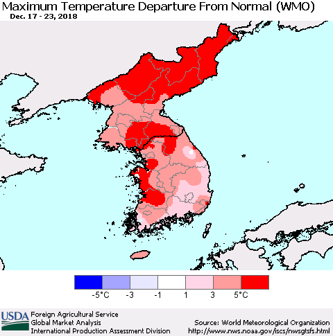 Korea Mean Maximum Temperature Departure from Normal (WMO) Thematic Map For 12/17/2018 - 12/23/2018