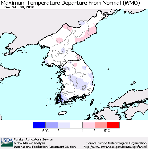 Korea Mean Maximum Temperature Departure from Normal (WMO) Thematic Map For 12/24/2018 - 12/30/2018