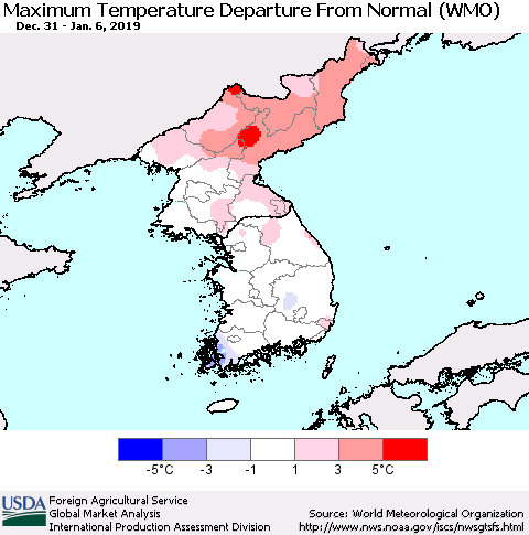Korea Mean Maximum Temperature Departure from Normal (WMO) Thematic Map For 12/31/2018 - 1/6/2019
