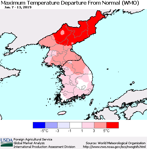 Korea Mean Maximum Temperature Departure from Normal (WMO) Thematic Map For 1/7/2019 - 1/13/2019