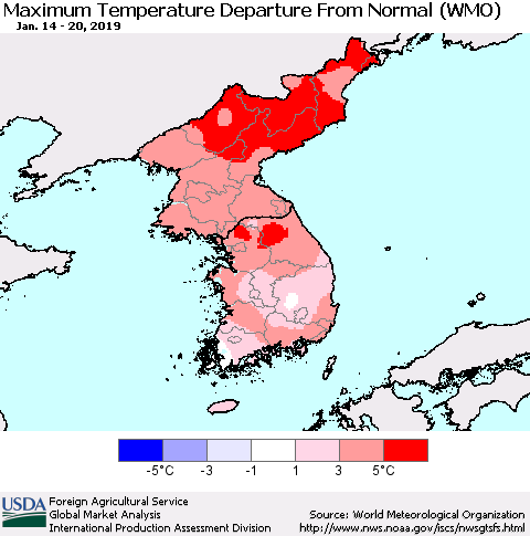 Korea Mean Maximum Temperature Departure from Normal (WMO) Thematic Map For 1/14/2019 - 1/20/2019
