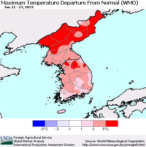 Korea Mean Maximum Temperature Departure from Normal (WMO) Thematic Map For 1/21/2019 - 1/27/2019