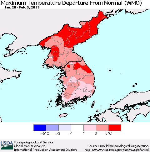 Korea Mean Maximum Temperature Departure from Normal (WMO) Thematic Map For 1/28/2019 - 2/3/2019