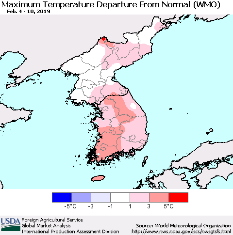 Korea Mean Maximum Temperature Departure from Normal (WMO) Thematic Map For 2/4/2019 - 2/10/2019