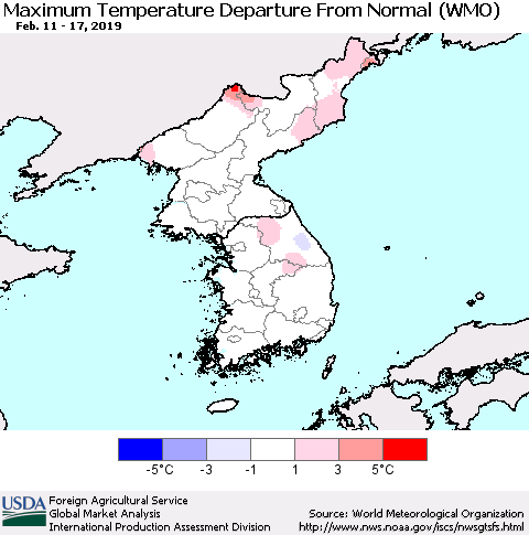Korea Mean Maximum Temperature Departure from Normal (WMO) Thematic Map For 2/11/2019 - 2/17/2019