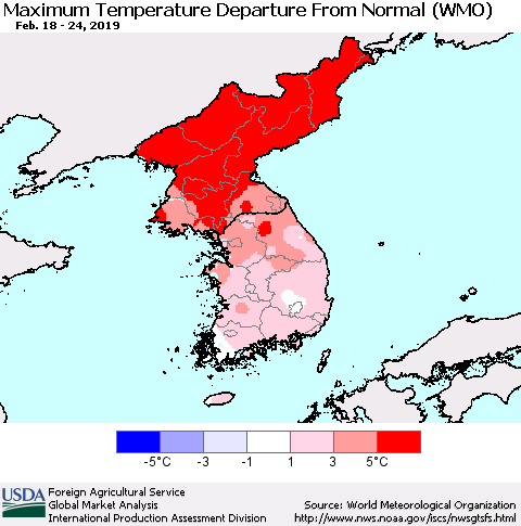 Korea Mean Maximum Temperature Departure from Normal (WMO) Thematic Map For 2/18/2019 - 2/24/2019