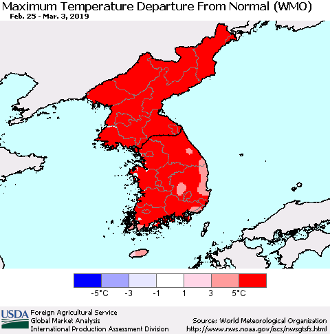 Korea Mean Maximum Temperature Departure from Normal (WMO) Thematic Map For 2/25/2019 - 3/3/2019