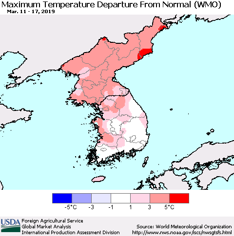 Korea Mean Maximum Temperature Departure from Normal (WMO) Thematic Map For 3/11/2019 - 3/17/2019