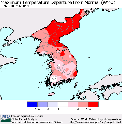 Korea Mean Maximum Temperature Departure from Normal (WMO) Thematic Map For 3/18/2019 - 3/24/2019