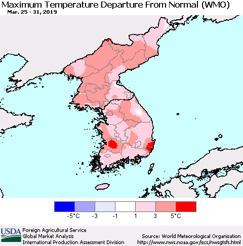Korea Mean Maximum Temperature Departure from Normal (WMO) Thematic Map For 3/25/2019 - 3/31/2019