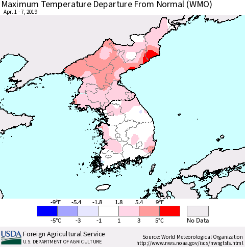 Korea Mean Maximum Temperature Departure from Normal (WMO) Thematic Map For 4/1/2019 - 4/7/2019