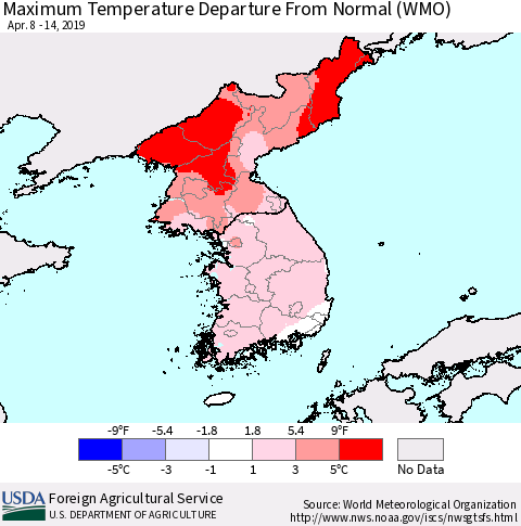 Korea Mean Maximum Temperature Departure from Normal (WMO) Thematic Map For 4/8/2019 - 4/14/2019