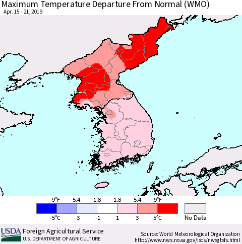 Korea Mean Maximum Temperature Departure from Normal (WMO) Thematic Map For 4/15/2019 - 4/21/2019