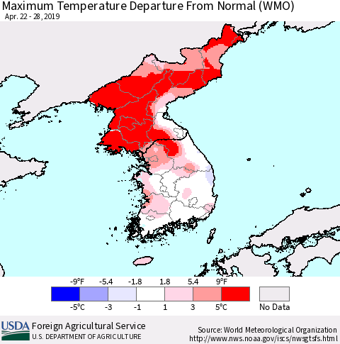 Korea Mean Maximum Temperature Departure from Normal (WMO) Thematic Map For 4/22/2019 - 4/28/2019