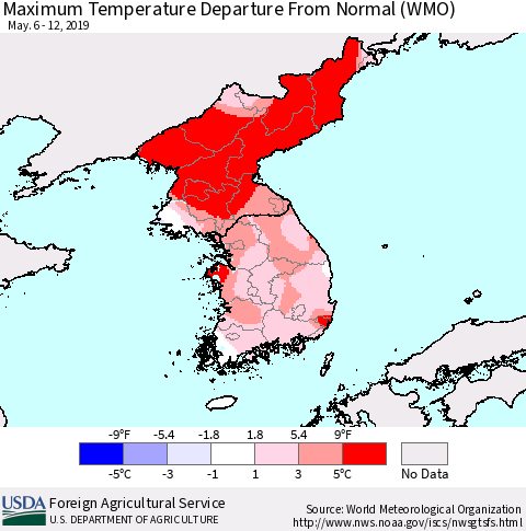 Korea Mean Maximum Temperature Departure from Normal (WMO) Thematic Map For 5/6/2019 - 5/12/2019