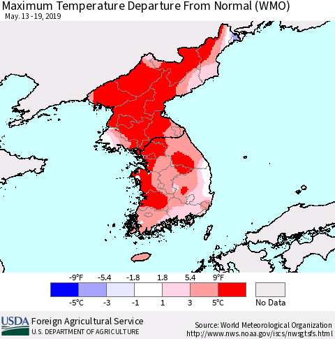 Korea Mean Maximum Temperature Departure from Normal (WMO) Thematic Map For 5/13/2019 - 5/19/2019