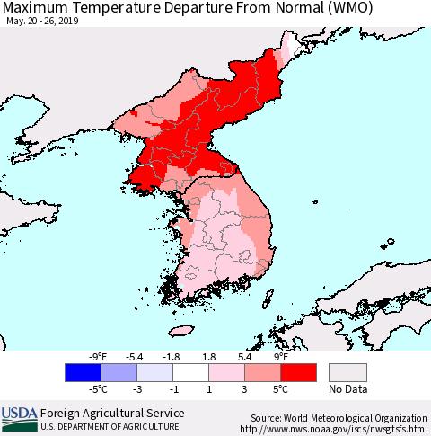 Korea Mean Maximum Temperature Departure from Normal (WMO) Thematic Map For 5/20/2019 - 5/26/2019