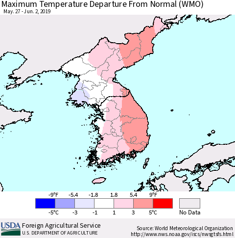 Korea Mean Maximum Temperature Departure from Normal (WMO) Thematic Map For 5/27/2019 - 6/2/2019