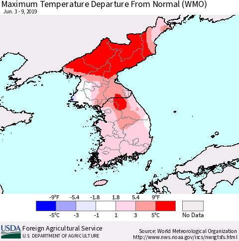 Korea Mean Maximum Temperature Departure from Normal (WMO) Thematic Map For 6/3/2019 - 6/9/2019