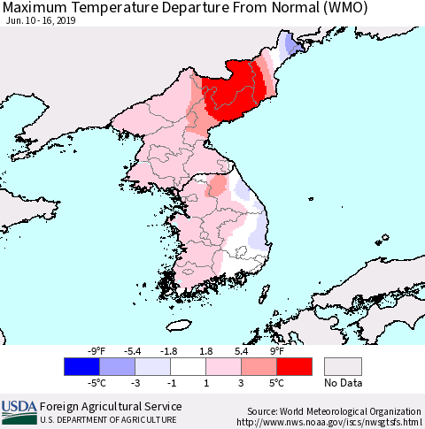 Korea Mean Maximum Temperature Departure from Normal (WMO) Thematic Map For 6/10/2019 - 6/16/2019