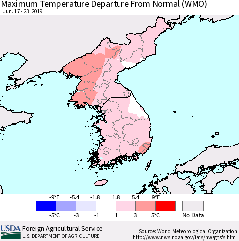 Korea Mean Maximum Temperature Departure from Normal (WMO) Thematic Map For 6/17/2019 - 6/23/2019