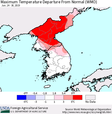 Korea Mean Maximum Temperature Departure from Normal (WMO) Thematic Map For 6/24/2019 - 6/30/2019