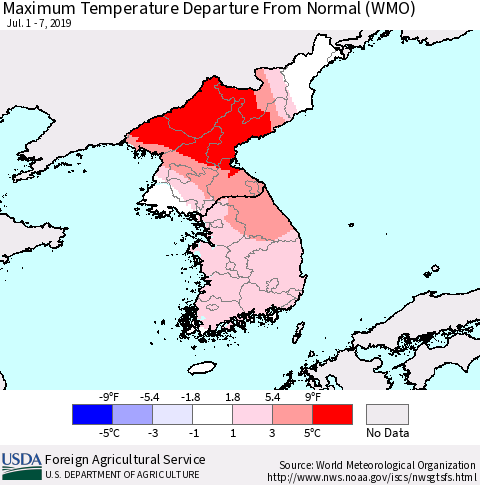 Korea Mean Maximum Temperature Departure from Normal (WMO) Thematic Map For 7/1/2019 - 7/7/2019