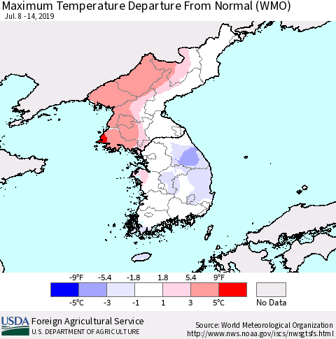 Korea Mean Maximum Temperature Departure from Normal (WMO) Thematic Map For 7/8/2019 - 7/14/2019