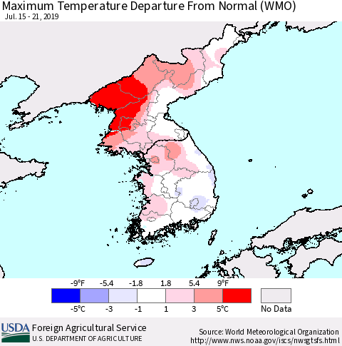 Korea Mean Maximum Temperature Departure from Normal (WMO) Thematic Map For 7/15/2019 - 7/21/2019