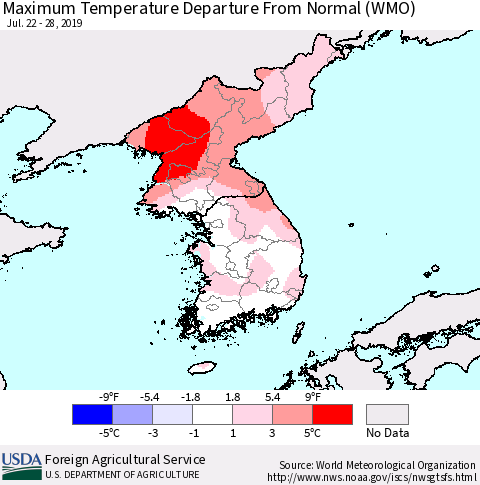 Korea Mean Maximum Temperature Departure from Normal (WMO) Thematic Map For 7/22/2019 - 7/28/2019