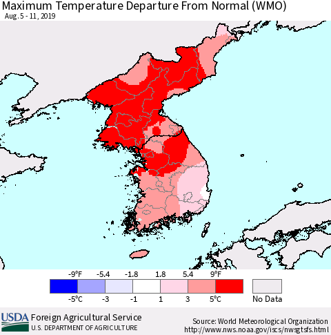 Korea Mean Maximum Temperature Departure from Normal (WMO) Thematic Map For 8/5/2019 - 8/11/2019