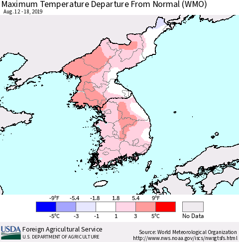 Korea Mean Maximum Temperature Departure from Normal (WMO) Thematic Map For 8/12/2019 - 8/18/2019