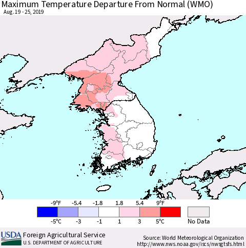 Korea Mean Maximum Temperature Departure from Normal (WMO) Thematic Map For 8/19/2019 - 8/25/2019