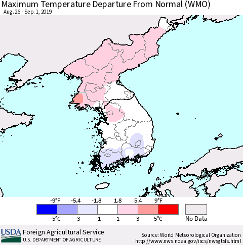 Korea Mean Maximum Temperature Departure from Normal (WMO) Thematic Map For 8/26/2019 - 9/1/2019