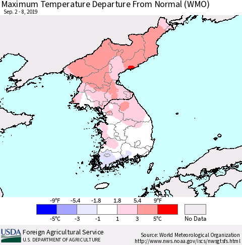 Korea Mean Maximum Temperature Departure from Normal (WMO) Thematic Map For 9/2/2019 - 9/8/2019