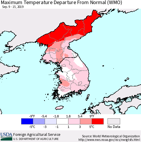 Korea Mean Maximum Temperature Departure from Normal (WMO) Thematic Map For 9/9/2019 - 9/15/2019