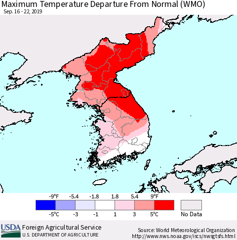 Korea Mean Maximum Temperature Departure from Normal (WMO) Thematic Map For 9/16/2019 - 9/22/2019